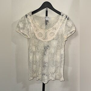 Ultra Pink Cream Colored Lace Crochet Short Sleeve Blouse